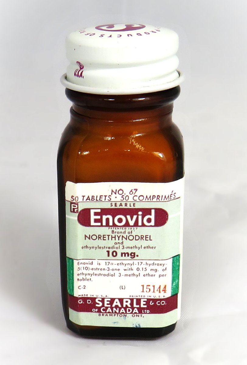 Brown glass bottle labelled "Enovid" 10 mg, with 50 tablets. The first birth control pill in Canada.